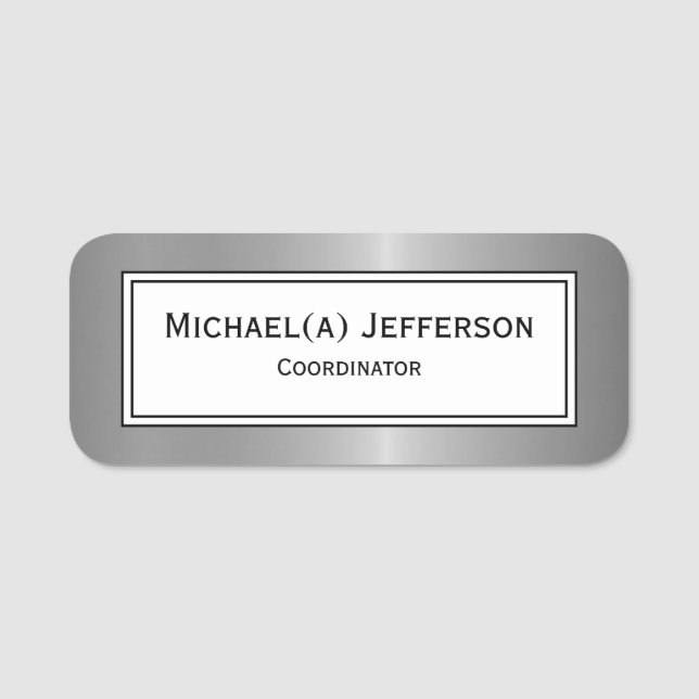 Luxury Metallic Silver Black White Classic Name Tag (Front)