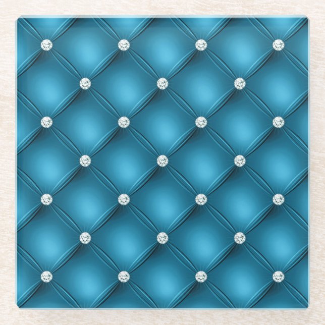 Luxury Mid Blue Diamond Tufted Pattern Glass Coaster (Front)