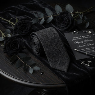 Luxury Midnight Black Embossed Damask Floral  Tie