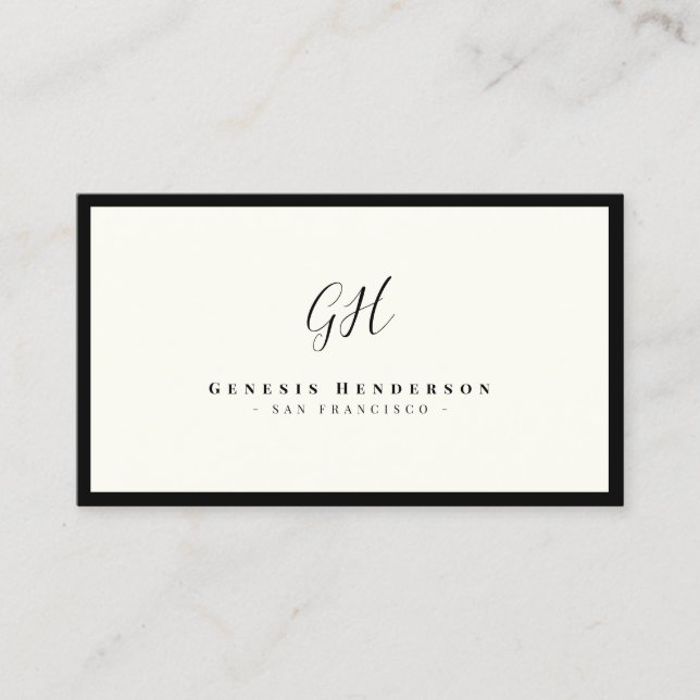 Luxury Minimal Monogram Black Ivory Chic Stylish Business Card (Front)