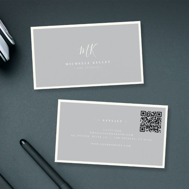 Luxury Minimal Monogram Grey Ivory Chic QR code Business Card (Two elegant gray business cards with white borders on a dark surface.)
