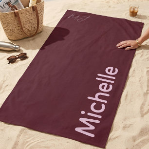 Luxury Minimalist Burgundy & Pink Chic Custom Name Beach Towel
