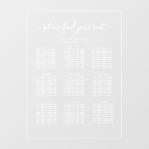 Luxury Minimalist Clear Seating Chart White Text Window Cling