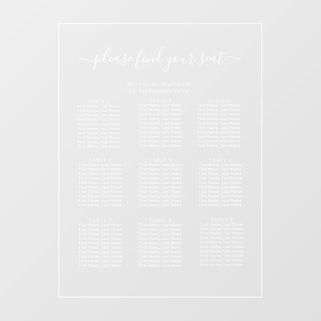 Luxury Minimalist Clear Seating Chart White Text  Window Cling (Sheet)