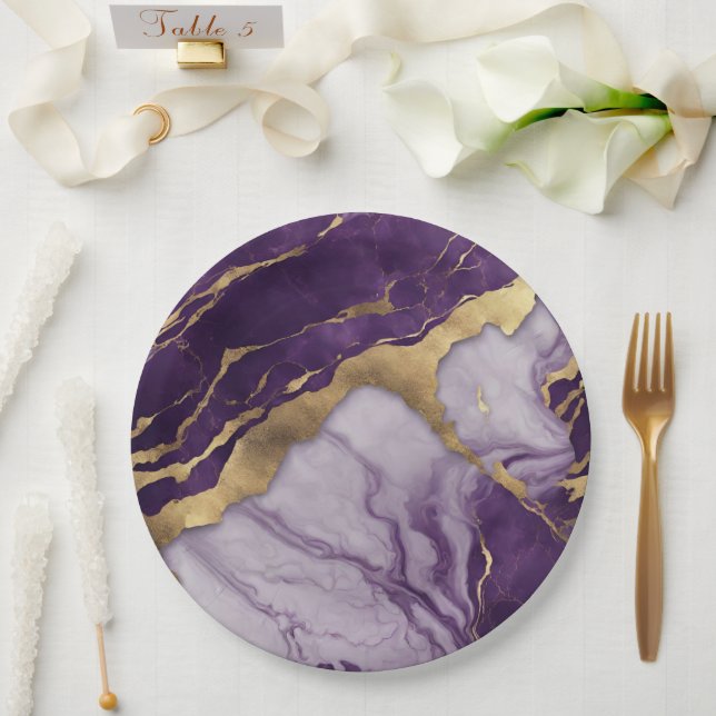Luxury Minimalist Gold Lilac Purple Marble Swirl Paper Plate (Wedding)