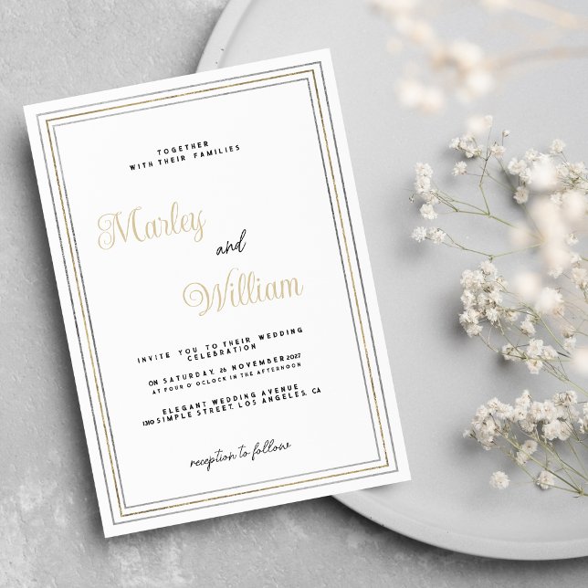 Luxury minimalist white gold silver frame Wedding Invitation (Luxury minimalist white gold silver frame Wedding)