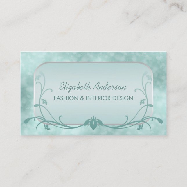 Luxury Mint Floral Bokeh Interior Fashion Designer Business Card (Front)