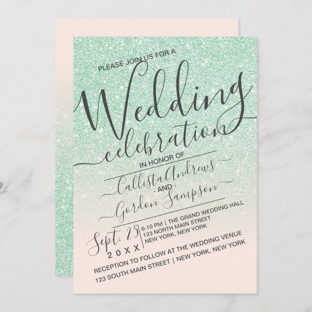 Luxury Mint Pink Sparkly Glitter Ombre Wedding Invitation (Front/Back)