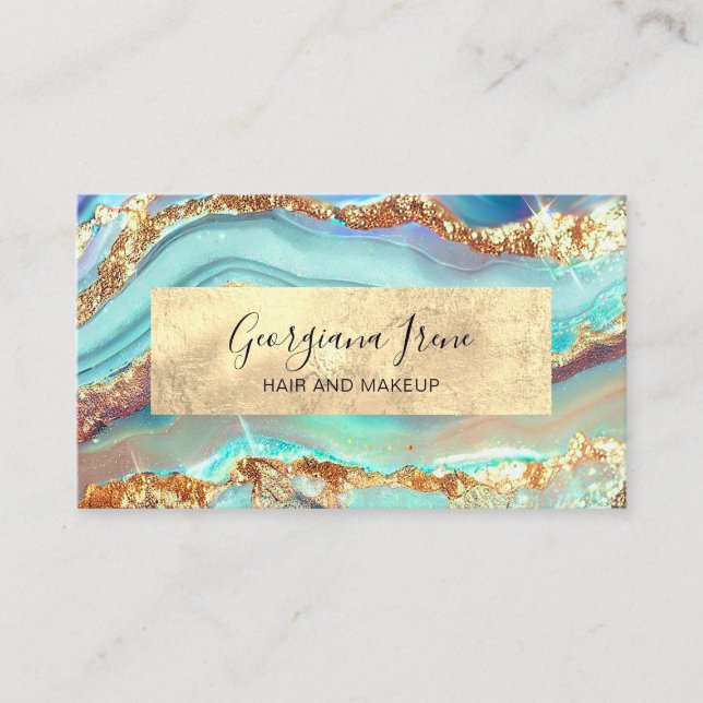 Luxury Modern Abstract Faux Agate Marble Teal Gold Business Card (Front)