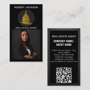 Luxury Modern add Photo Real Estate Agent Black Business Card
