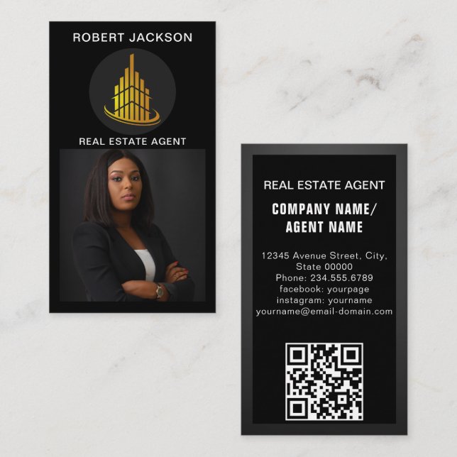 Luxury Modern add Photo Real Estate Agent Black Business Card (Front/Back)
