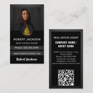 Luxury Modern add Photo Real Estate Agent Black Business Card