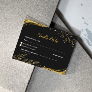 Luxury Modern Black Gold Floral Wedding RSVP Card