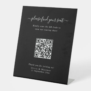 Luxury Modern Black Wedding QR Code Seating Chart Pedestal Sign