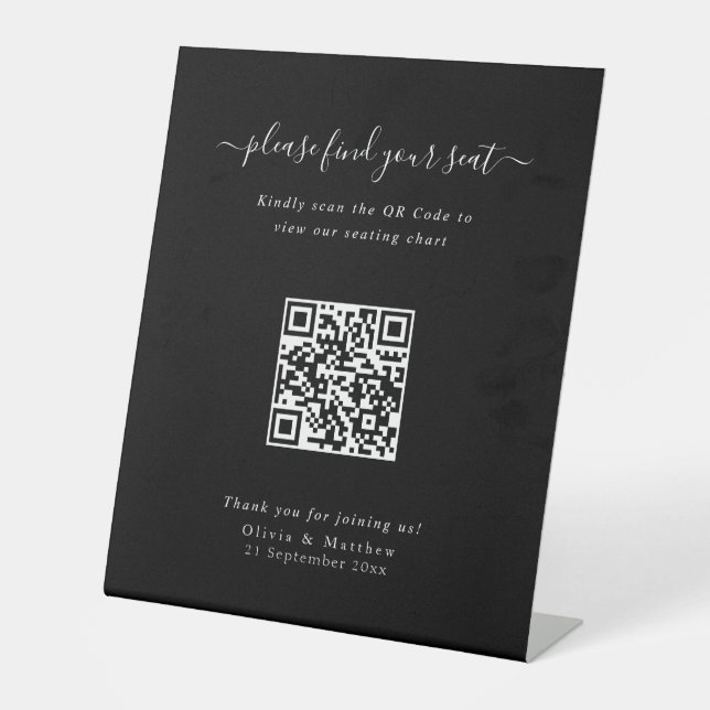 Luxury Modern Black Wedding QR Code Seating Chart Pedestal Sign (Front)