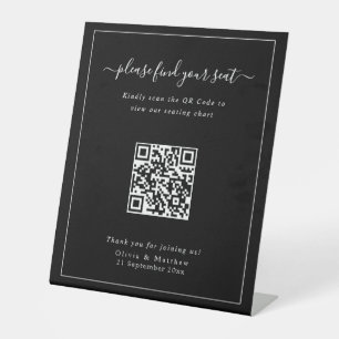 Luxury Modern Black Wedding QR Code Seating Chart Pedestal Sign