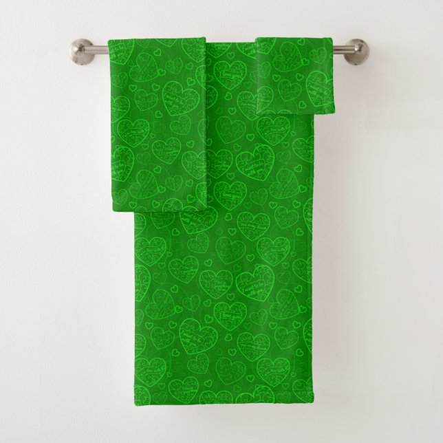 Luxury Modern Elegant Love Green Heart Bath Towel Set (Insitu)