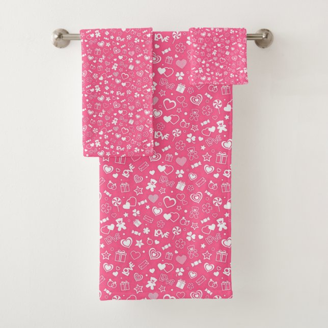 Luxury Modern Elegant Love Pink Heart Bath Towel Set (Insitu)