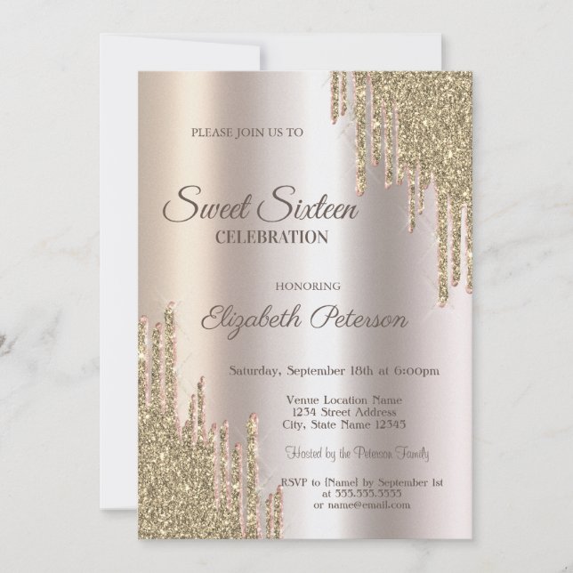 Luxury Modern Glitter Drips Gold  Sweet 16 Invitation (Front)