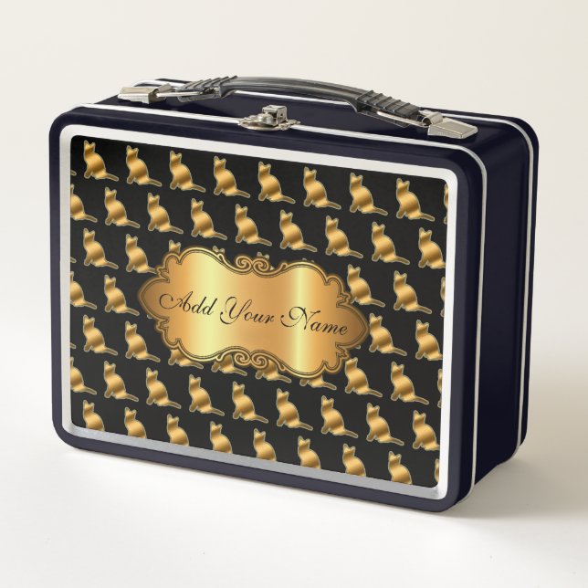 Luxury Modern Gold Cat Add Your Text Metal Lunch Box (Front)