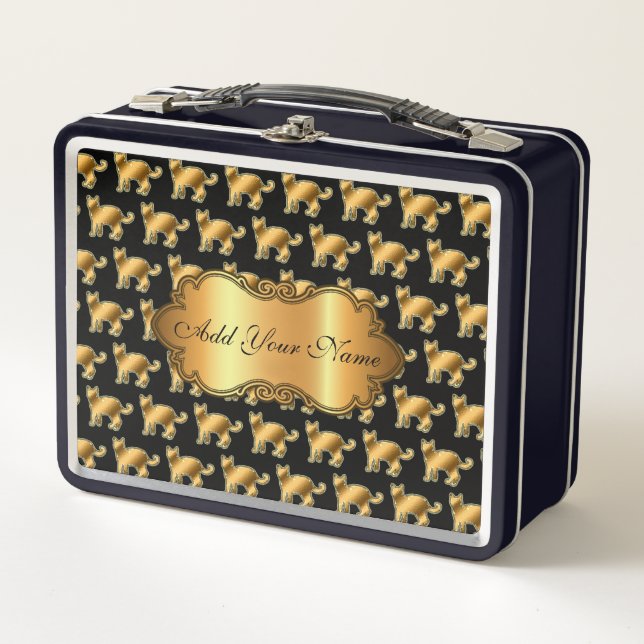 Luxury Modern Gold Cat Add Your Text Metal Lunch Box (Front)