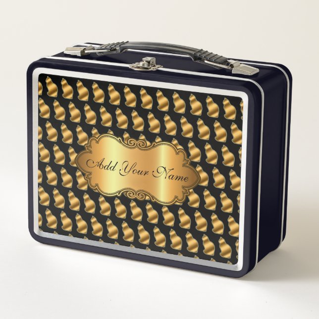 Luxury Modern Gold Cat Add Your Text Metal Lunch Box (Front)