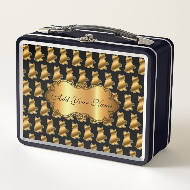 Luxury Modern Gold Cat Add Your Text Metal Lunch Box (Front)