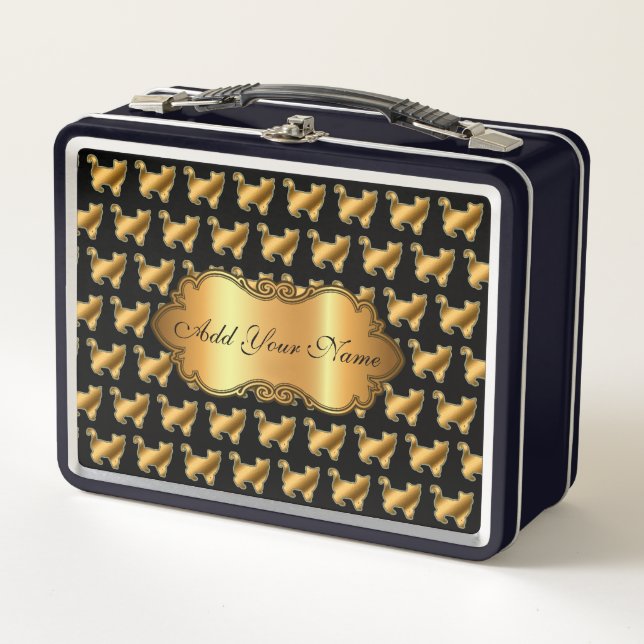 Luxury Modern Gold Cat Add Your Text Metal Lunch Box (Front)