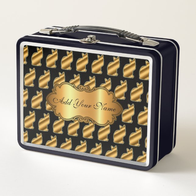 Luxury Modern Gold Cat Add Your Text Metal Lunch Box (Front)