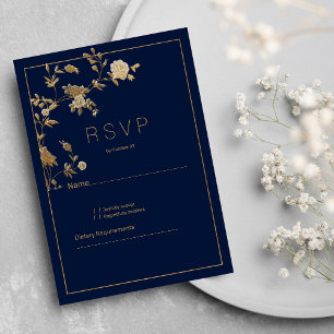 Luxury modern gold floral navy blue RSVP Invitation