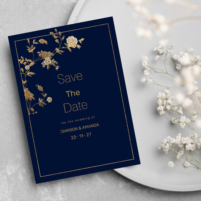 Luxury modern gold floral navy blue Save The Date Invitation (Luxury modern gold floral navy blue Save The Date)