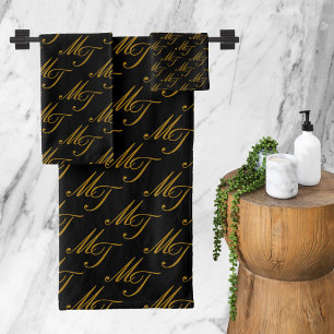 Luxury Modern Monogram Pattern Black Gold Bath Towel Set