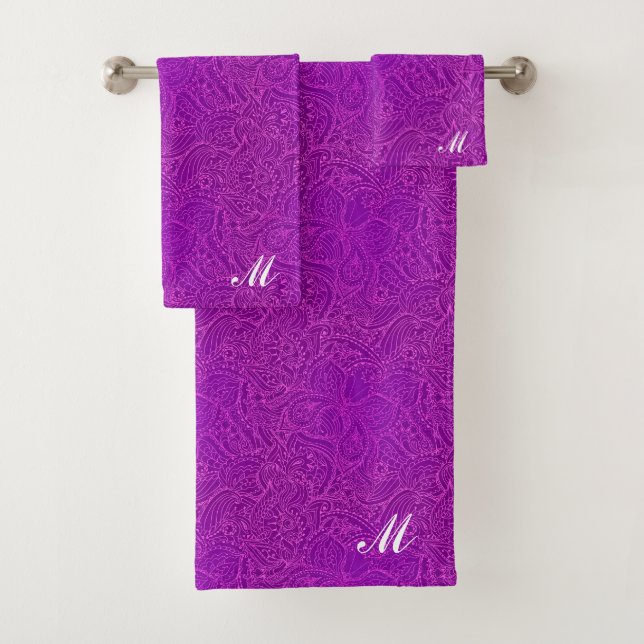 Luxury Modern Purple Natural Floral Butterfly Bath Towel Set (Insitu)
