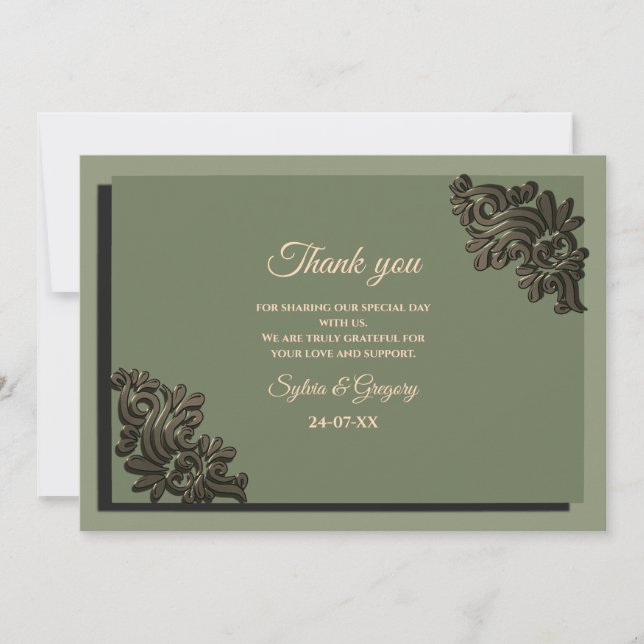 Luxury Modern Sage green & gold classic metallic T Thank You Card (Front)