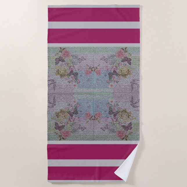 Luxury Modern Vintage Floral Rose Beach Towel (Front)