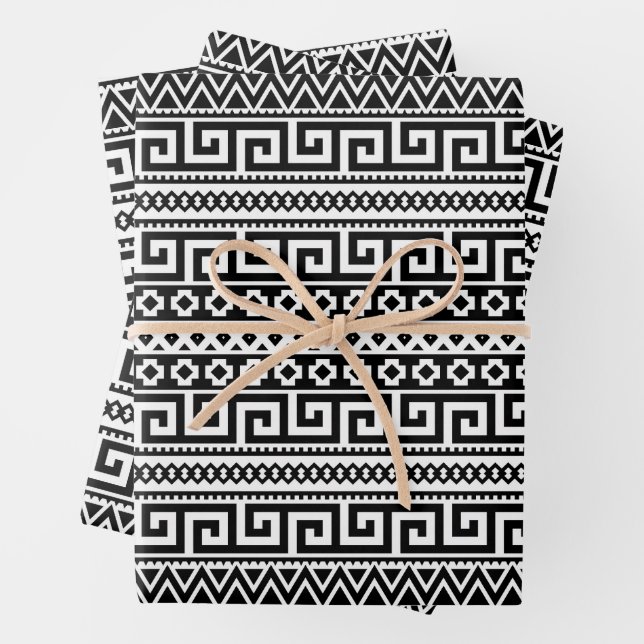 Luxury Monochrome Ancient Greek Aztec Maze Linear  Wrapping Paper Sheet (In situ)