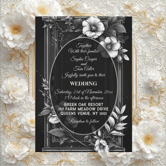 Luxury Monochrome Art Black Vintage Floral Wedding Invitation