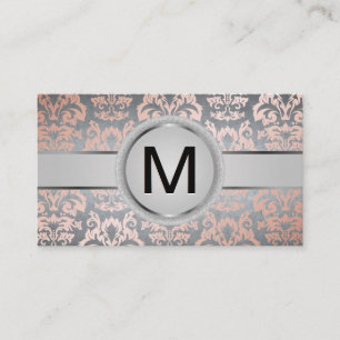 Luxury Monogram Band   Metallic Rose Gold Damask Business Card