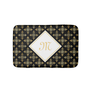 Luxury Monogram Black and Gold Quatre Floral Bath Mat
