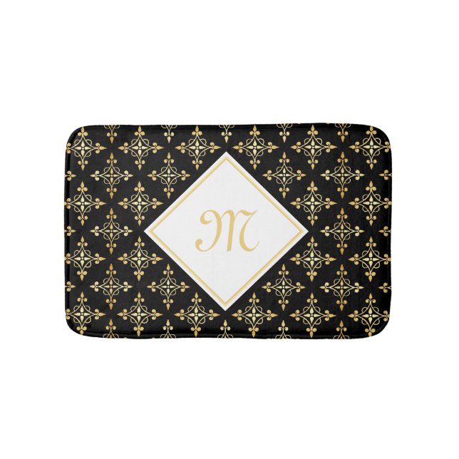 Luxury Monogram Black and Gold Quatre Floral Bath Mat (Front)