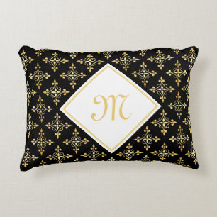 Luxury Monogram Black and Gold Quatre Floral Decorative Cushion
