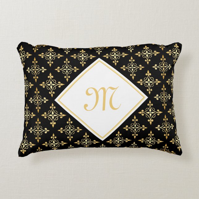 Luxury Monogram Black and Gold Quatre Floral Decorative Cushion (Front)