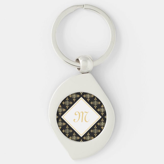 Luxury Monogram Black and Gold Quatre Floral Key Ring (Front)