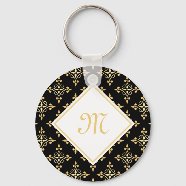 Luxury Monogram Black and Gold Quatre Floral Key Ring (Front)