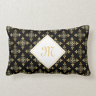 Luxury Monogram Black and Gold Quatre Floral Lumbar Cushion