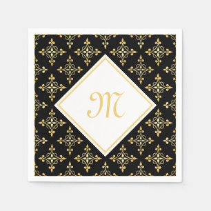 Luxury Monogram Black and Gold Quatre Floral Napkin