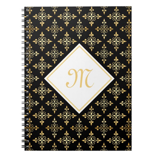 Luxury Monogram Black and Gold Quatre Floral Notebook (Front)
