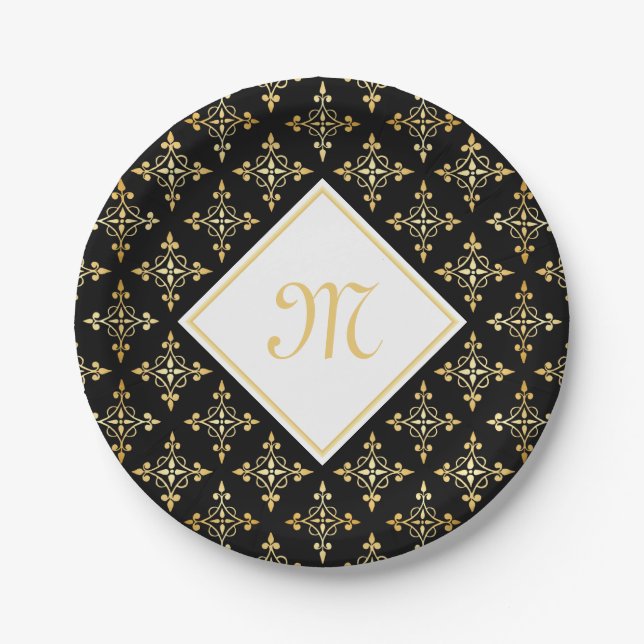 Luxury Monogram Black and Gold Quatre Floral Paper Plate (Front)