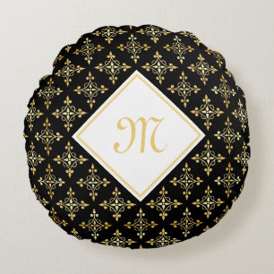 Luxury Monogram Black and Gold Quatre Floral Round Cushion