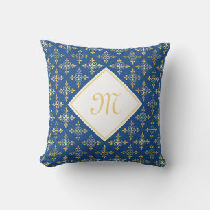 Luxury Monogram Blue and Gold Quatre Floral Cushion